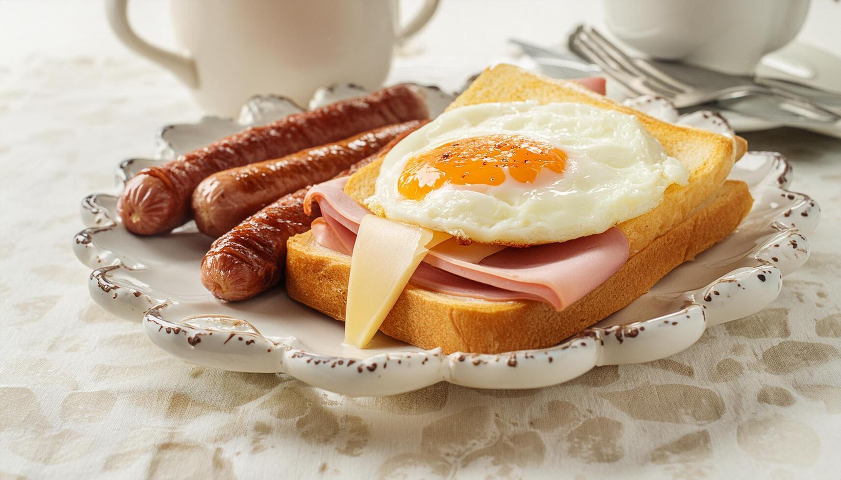 Homemade bread toasted cheese topped ham and fried egg with sausage for breakfast photo
