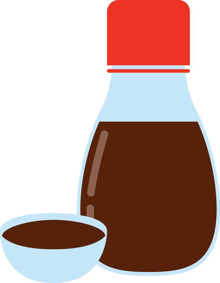 Soy sauce in a bottle and bowl. Traditional asian salty sauce vector