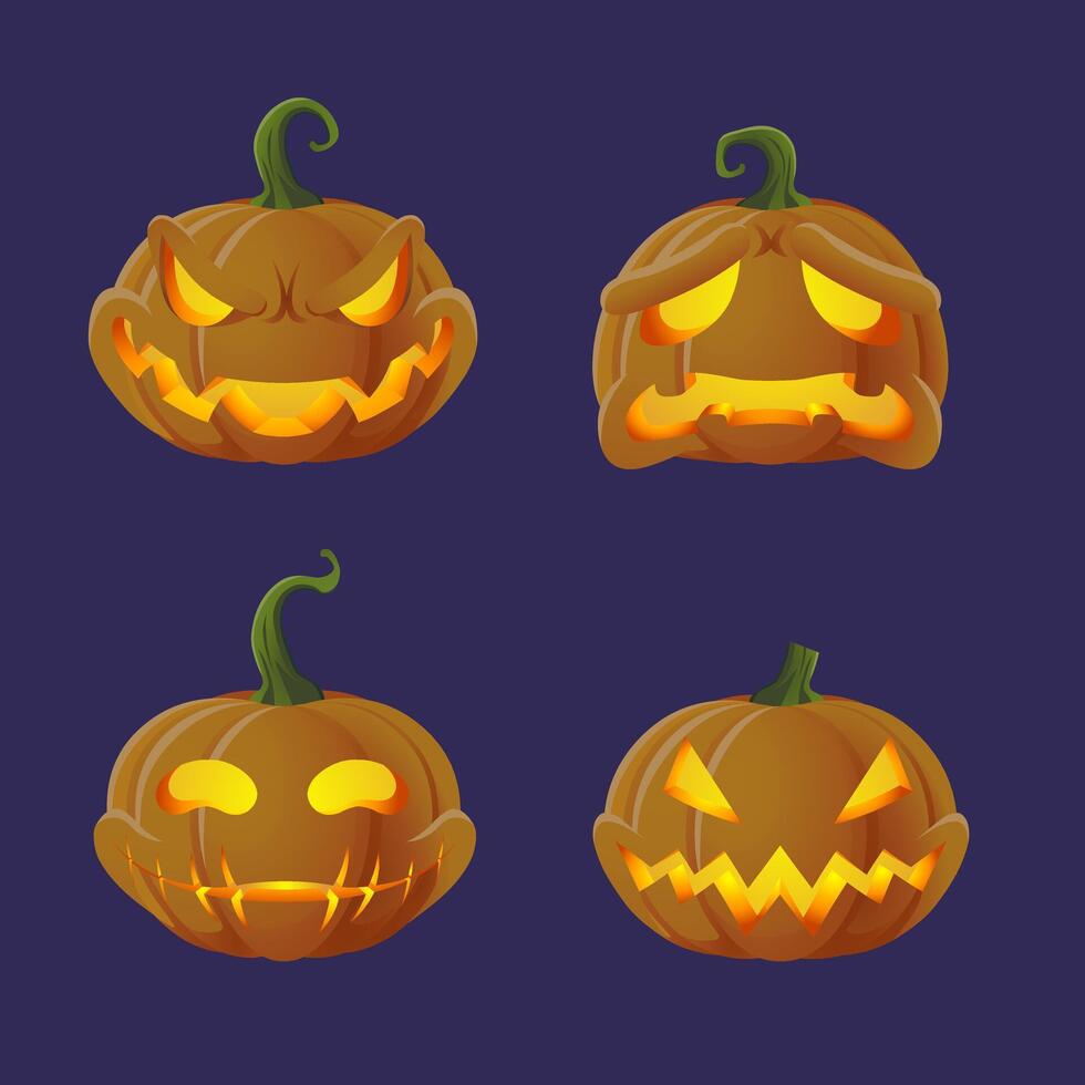 Happy Halloween day orange pumpkins collection carving scary face expression in night version vector