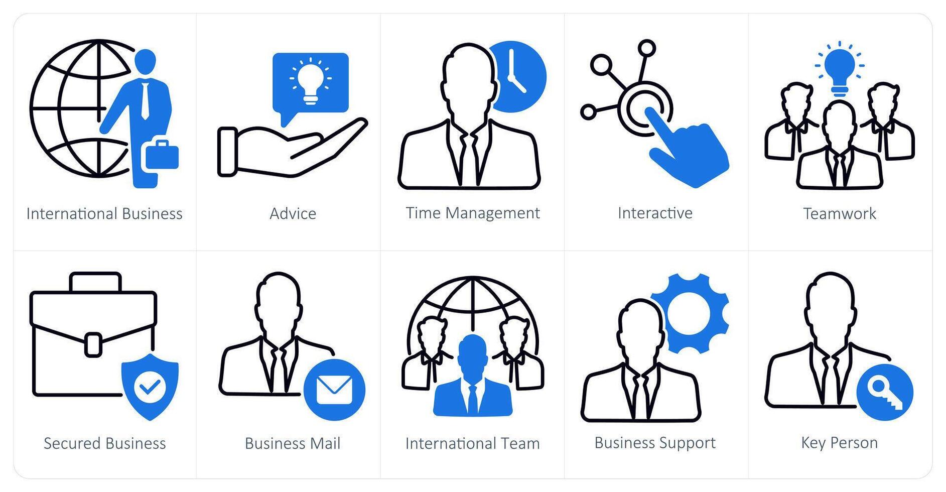 A set of 10 business and office icons as international business, advice, time management vector