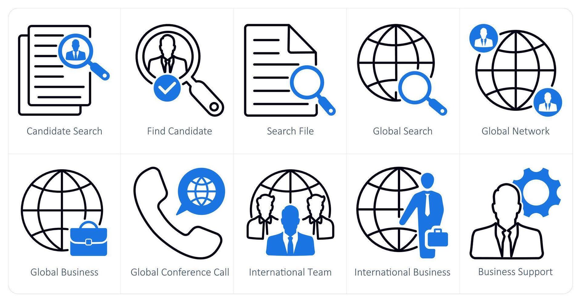 A set of 10 business and office icons as candidate search, find candidate, search file vector