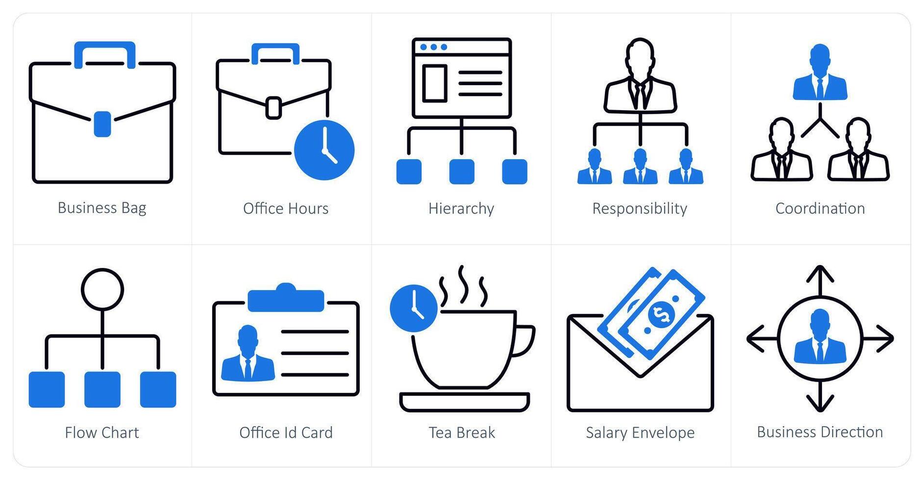 A set of 10 business and office icons as business bag, office hours, hierarchy vector