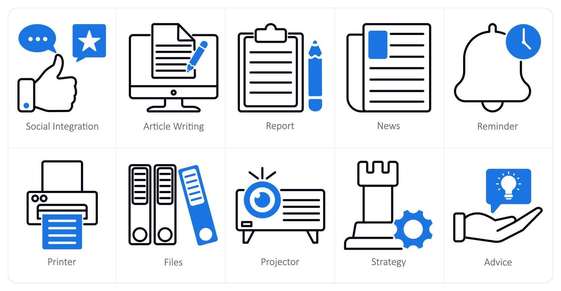 A set of 10 business and office icons as social integration, article wiritng, report vector