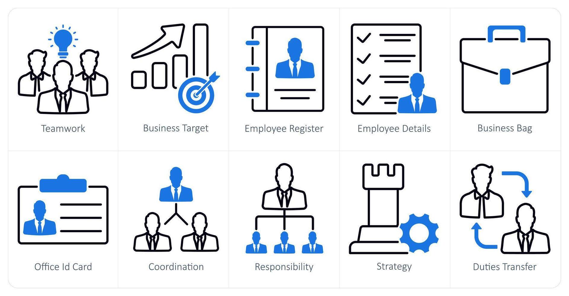 A set of 10 business and office icons as teamwork, business target, employee register vector