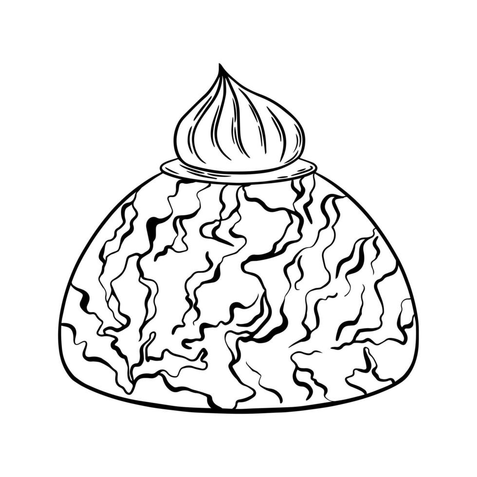 Raspberry cream puff dessert illustration. Pastry line art, engraving, black and white outline vector