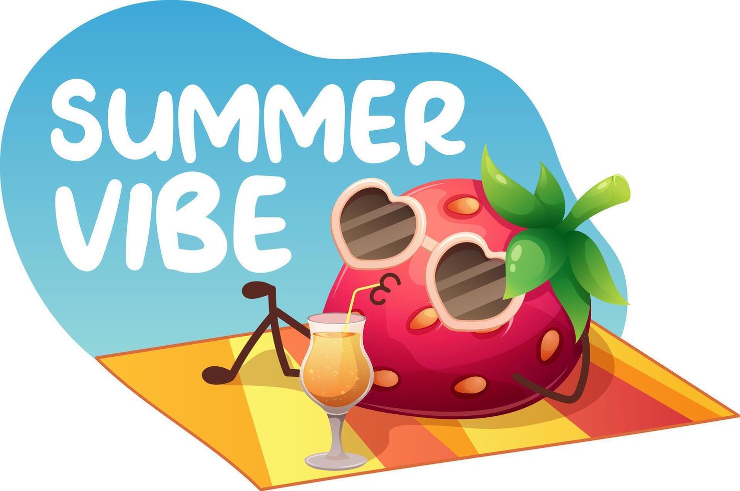 Funny cool strawberry in sunglasses and on beach blanket drinks cocktail. Summer vibe, hello summer. illustration vector