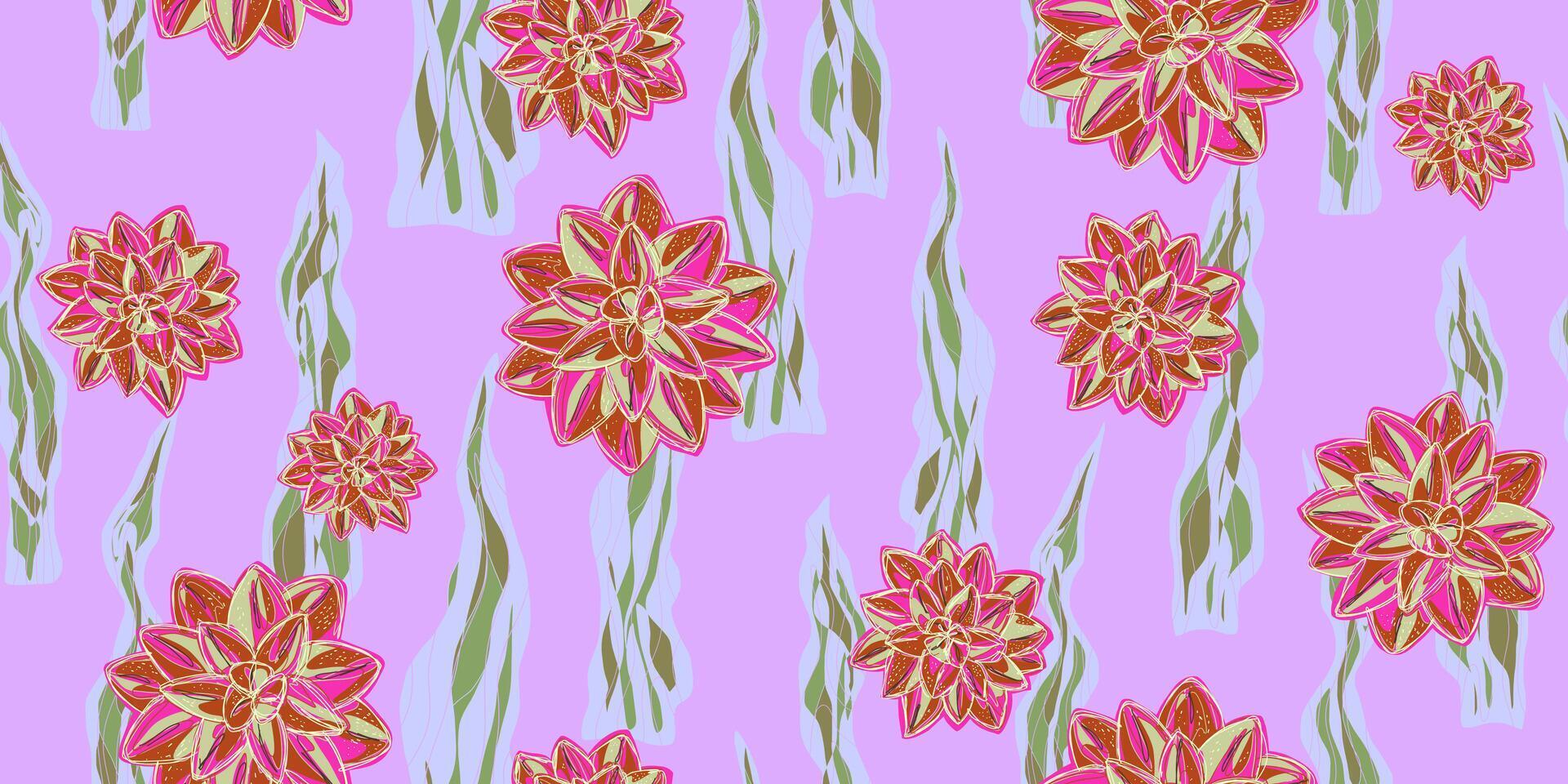 a pattern with pink flowers on a purple background vector