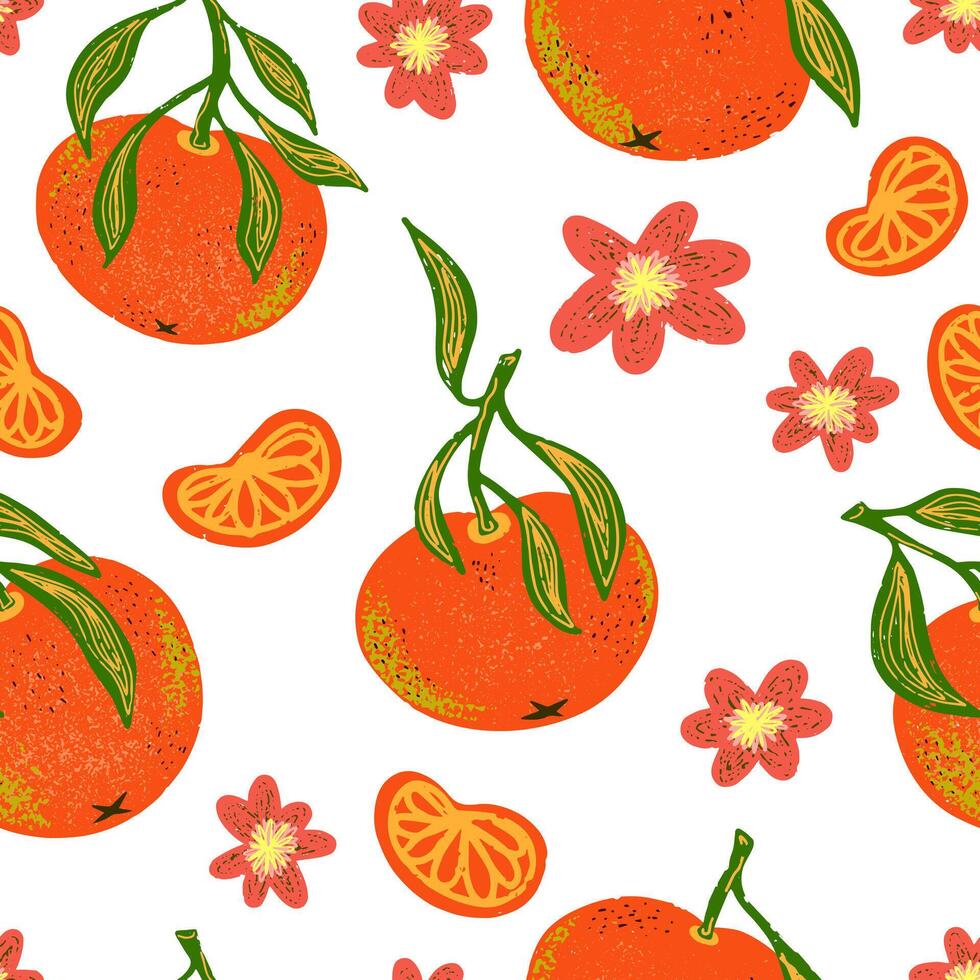 orange seamless pattern with oranges and flowers vector