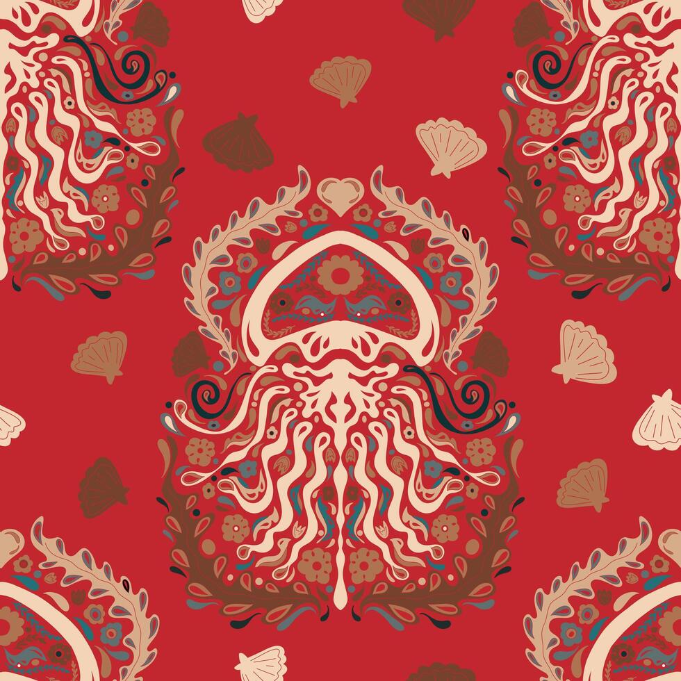 jellyfish folk art ornament stylized ethnic marine elements natural motifs seamless overlapping endless pattern rapport vector