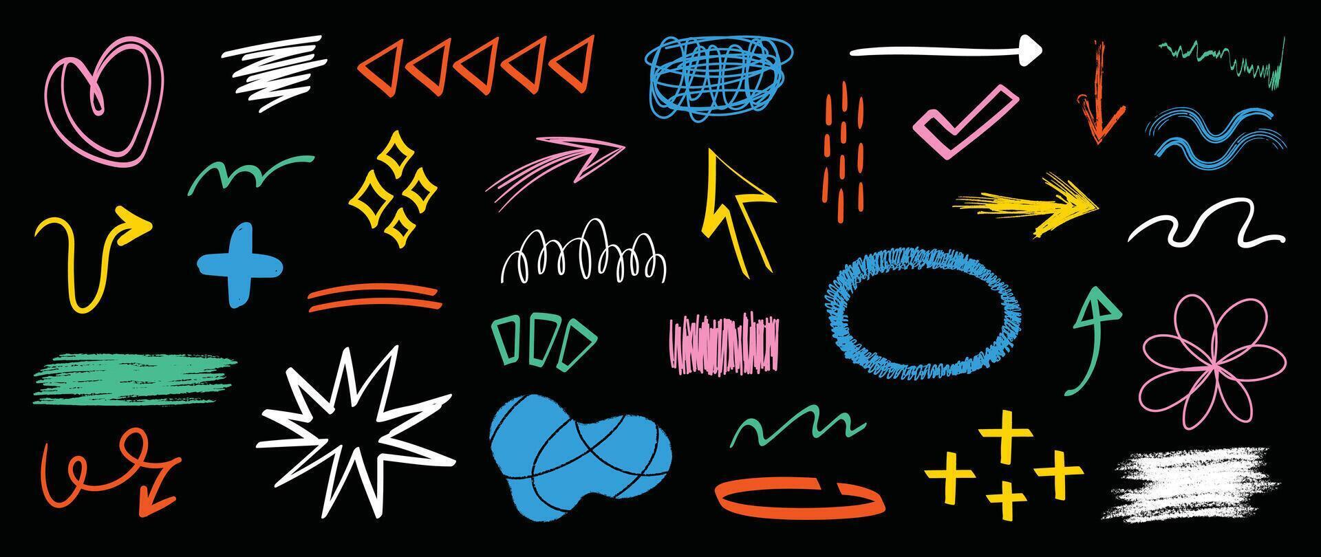 Set of cute pen line doodle element . Hand drawn doodle collection of arrow, scribble, speech bubble, mark, heart, flower. Design for print, cartoon, card, decoration, sticker. vector