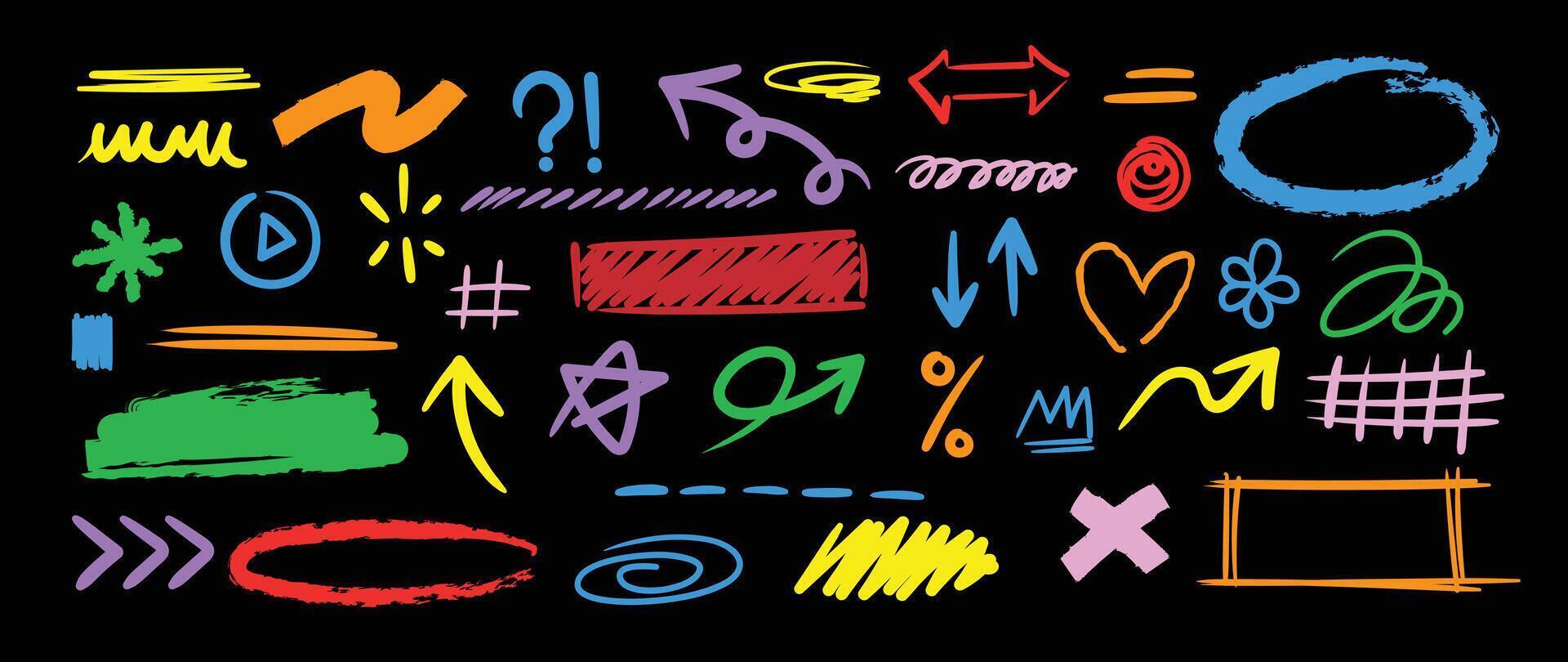 Set of cute pen line doodle element . Hand drawn doodle collection of heart, arrows, scribble, speech bubble, star, marks, crown. Design for print, cartoon, card, decoration, sticker. vector