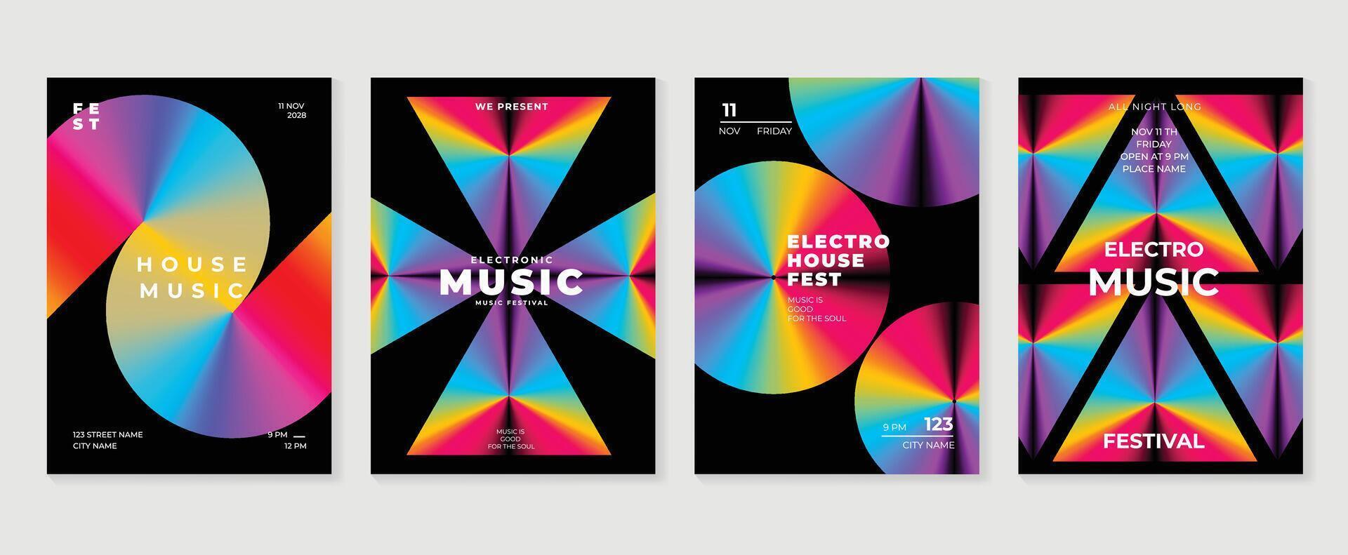 Music poster design background set. Electro Sound Cover template with vibrant perspective 3d geometric prism shape. Ideal design for social media, flyer, party, music festival, club. vector