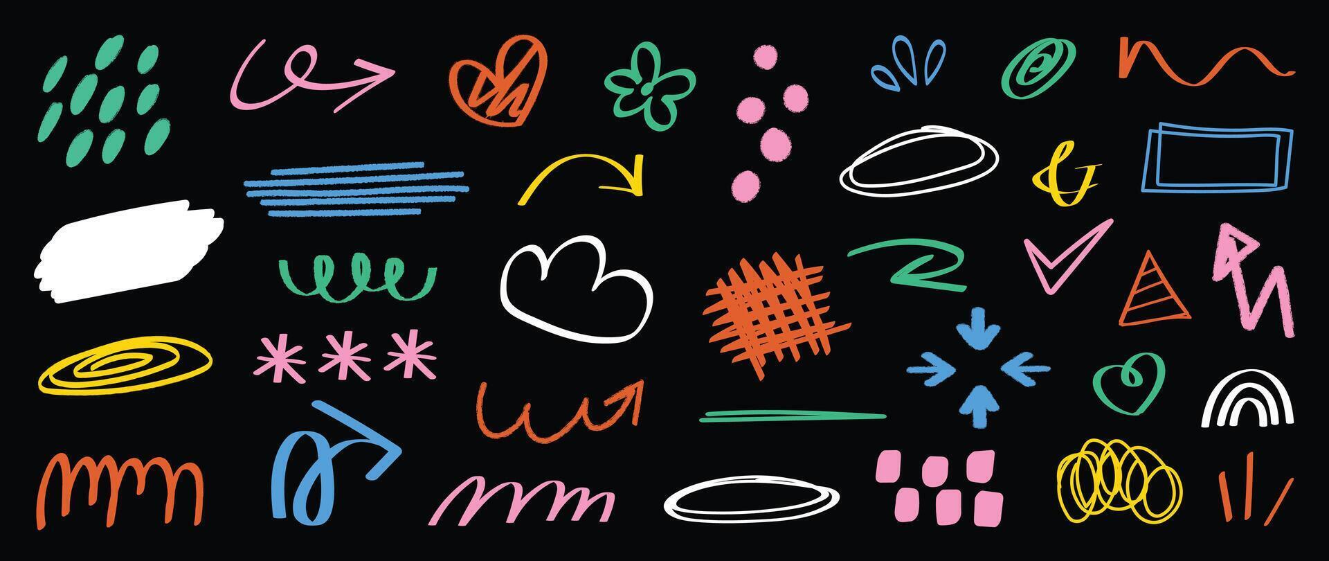 Set of cute pen line doodle element . Hand drawn doodle collection of heart, arrows, scribble, speech bubble, mark, flower, cloud, crown. Design for print, cartoon, card, decoration, sticker. vector