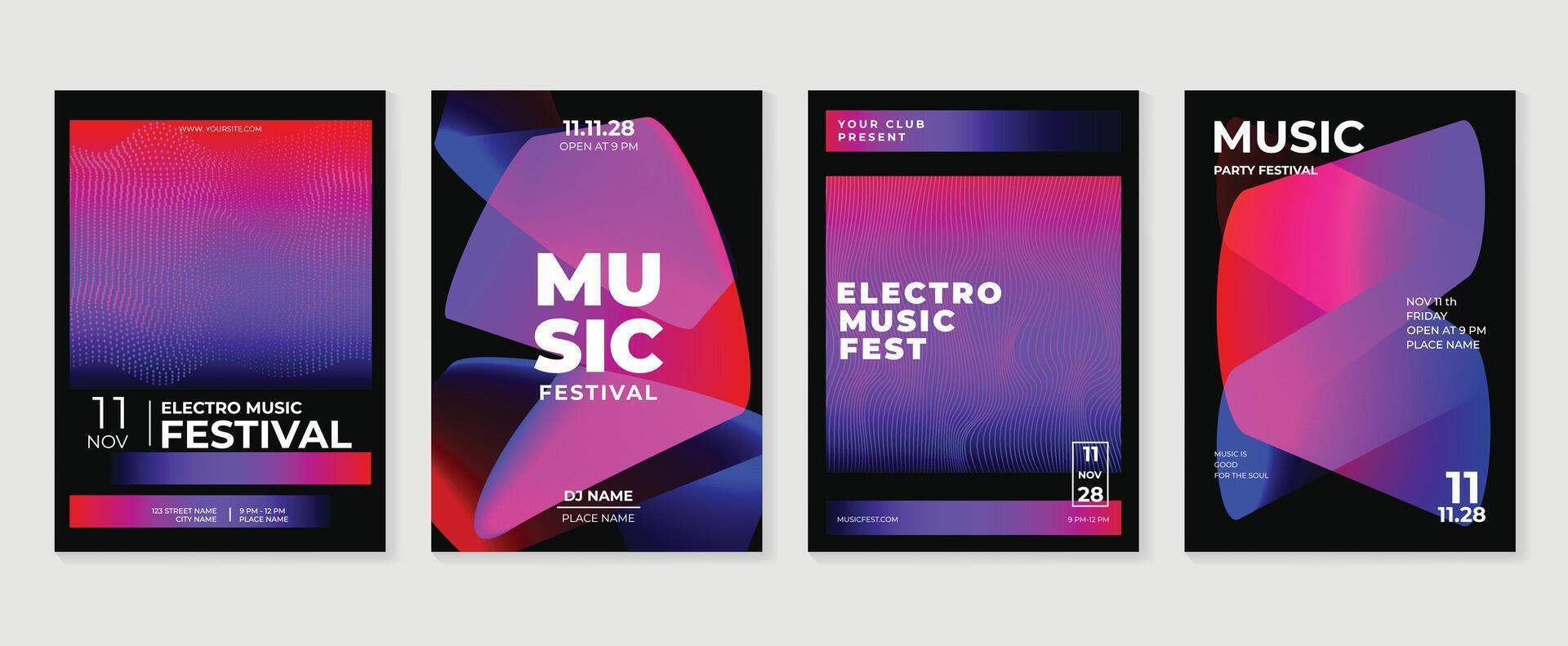 Music poster design background set. Electro Sound Cover template with abstract gradient halftone dotted, line wave. Ideal design for social media, flyer, party, music festival, club. vector