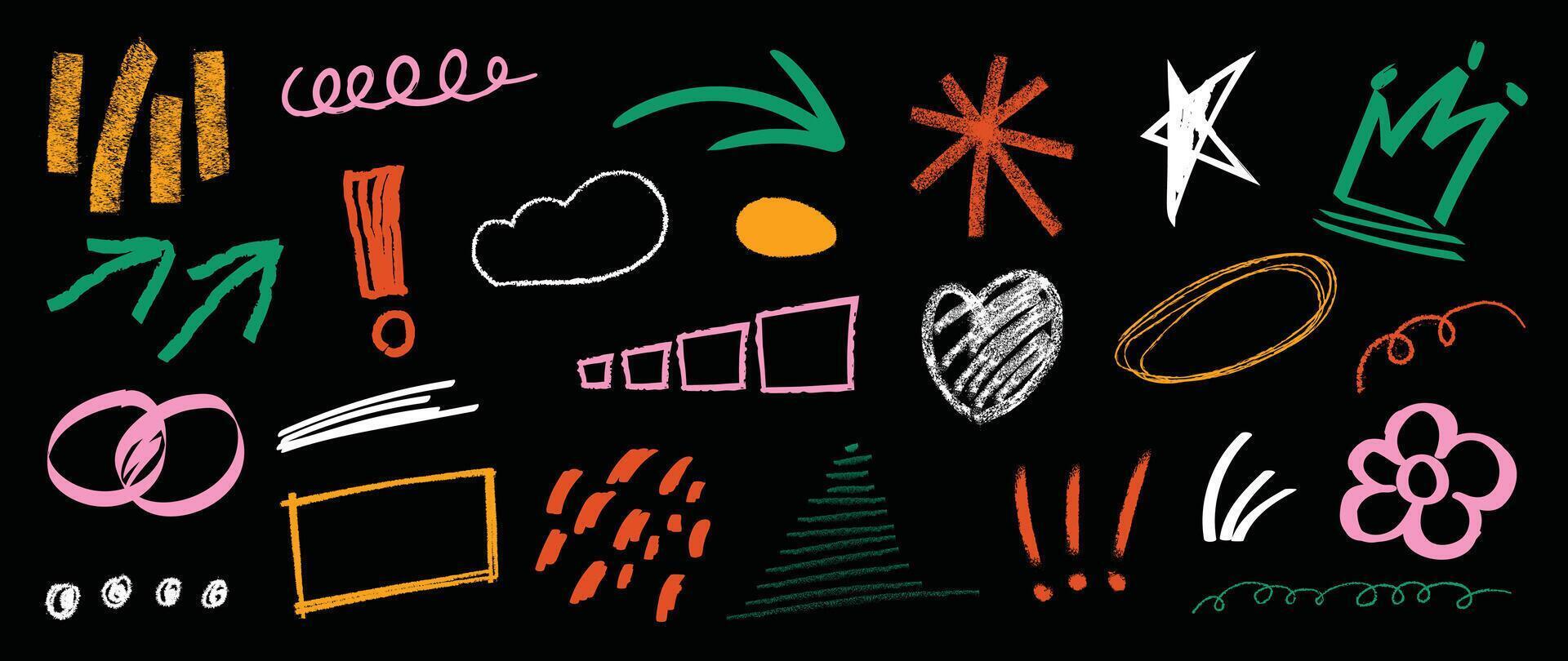 Set of cute pen line doodle element . Hand drawn doodle collection of heart, arrows, scribble, speech bubble, marks, crown. Design for print, cartoon, card, decoration, sticker. vector