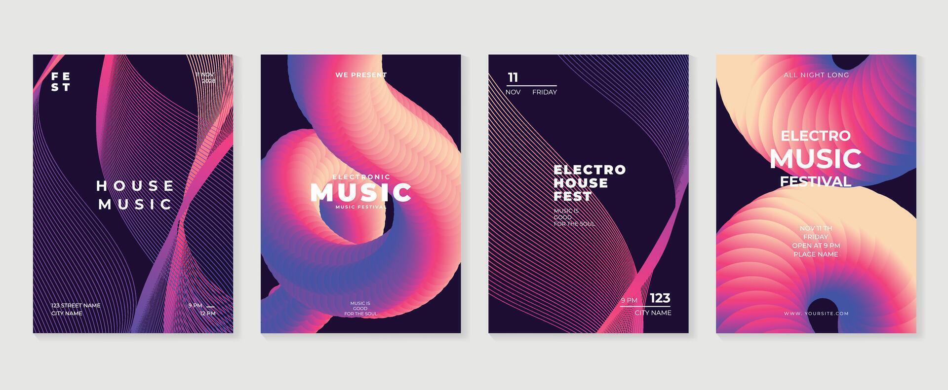 Music poster design background set. Electro Sound Cover template with abstract gradient line wave. Ideal design for social media, flyer, party, music festival, club. vector