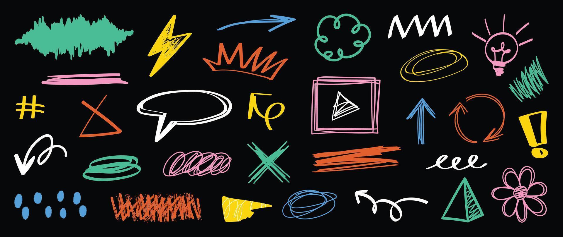 Set of cute pen line doodle element . Hand drawn doodle collection of arrow, scribble, speech bubble, mark, crown, thunderbolt, flower. Design for print, cartoon, card, decoration, sticker. vector