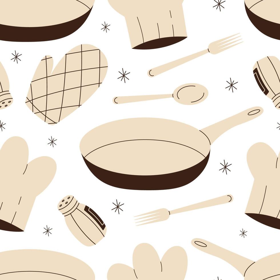 Kitchen tools and appliances seamless pattern. Kitchen utensils background. Flat illustration. vector