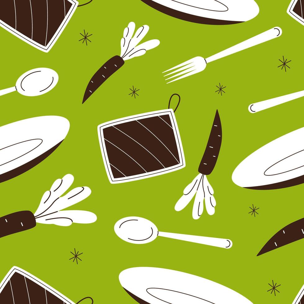 Kitchen tools and appliances seamless pattern. Kitchen utensils background. Flat illustration. vector