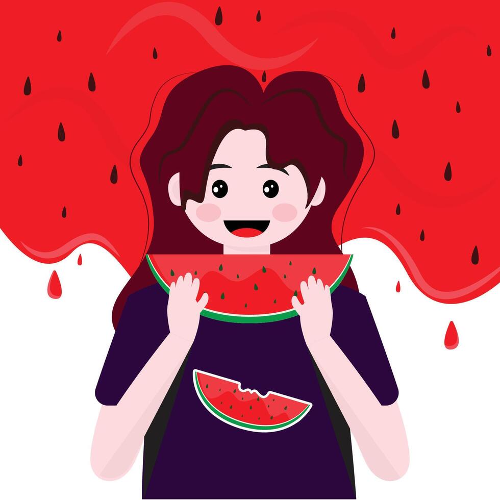 girl is eating watermelon with watermelon juice in the background vector