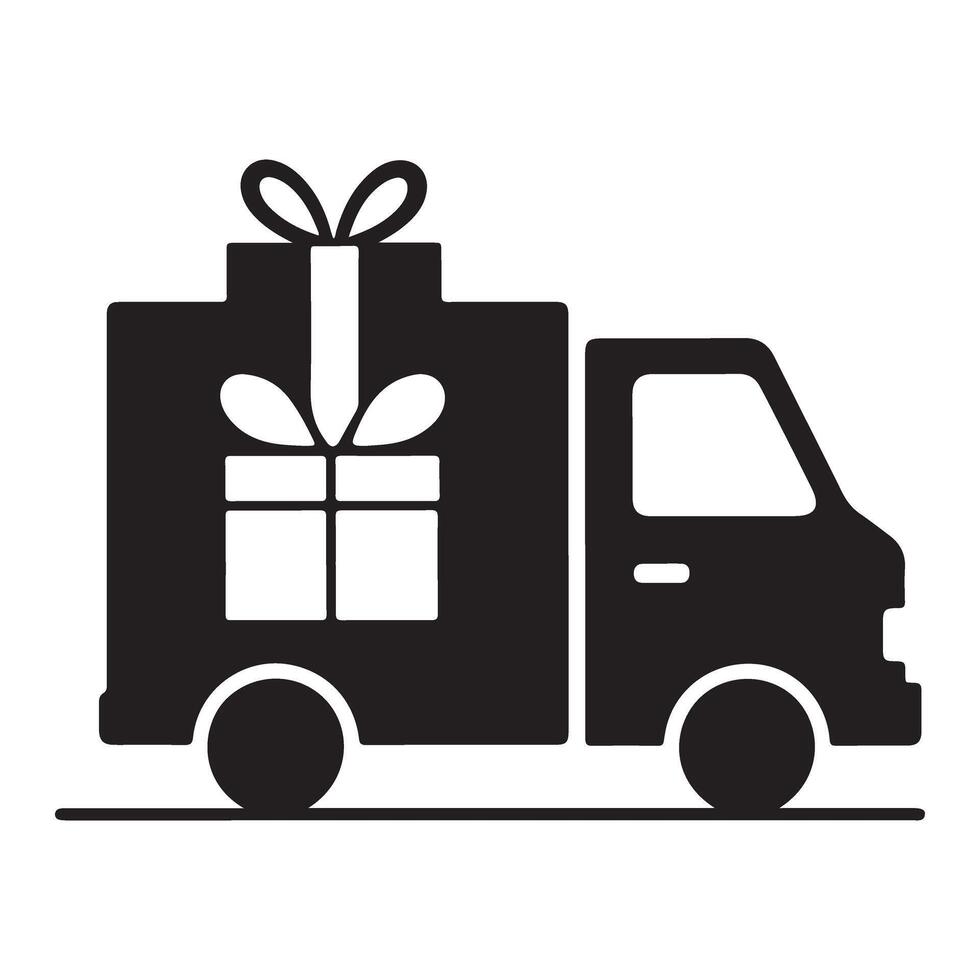 A silhouette of a Delivery truck with gift box in style. vector