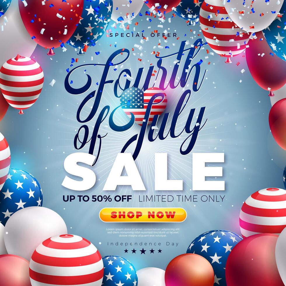 4th of July Independence Day Sale Banner Design with American Flag Pattern Heart and Party Balloon on Light Background. Fourth of July USA National Holiday Illustration with Special Offer vector