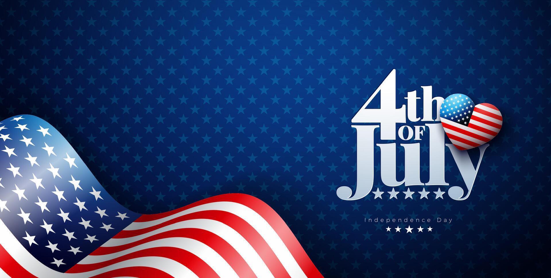 4th of July Independence Day of the USA Illustration with American Flag Pattern Heart on Blue Background. Fourth of July National Celebration Design with Typography Letter for Banner, Greeting vector