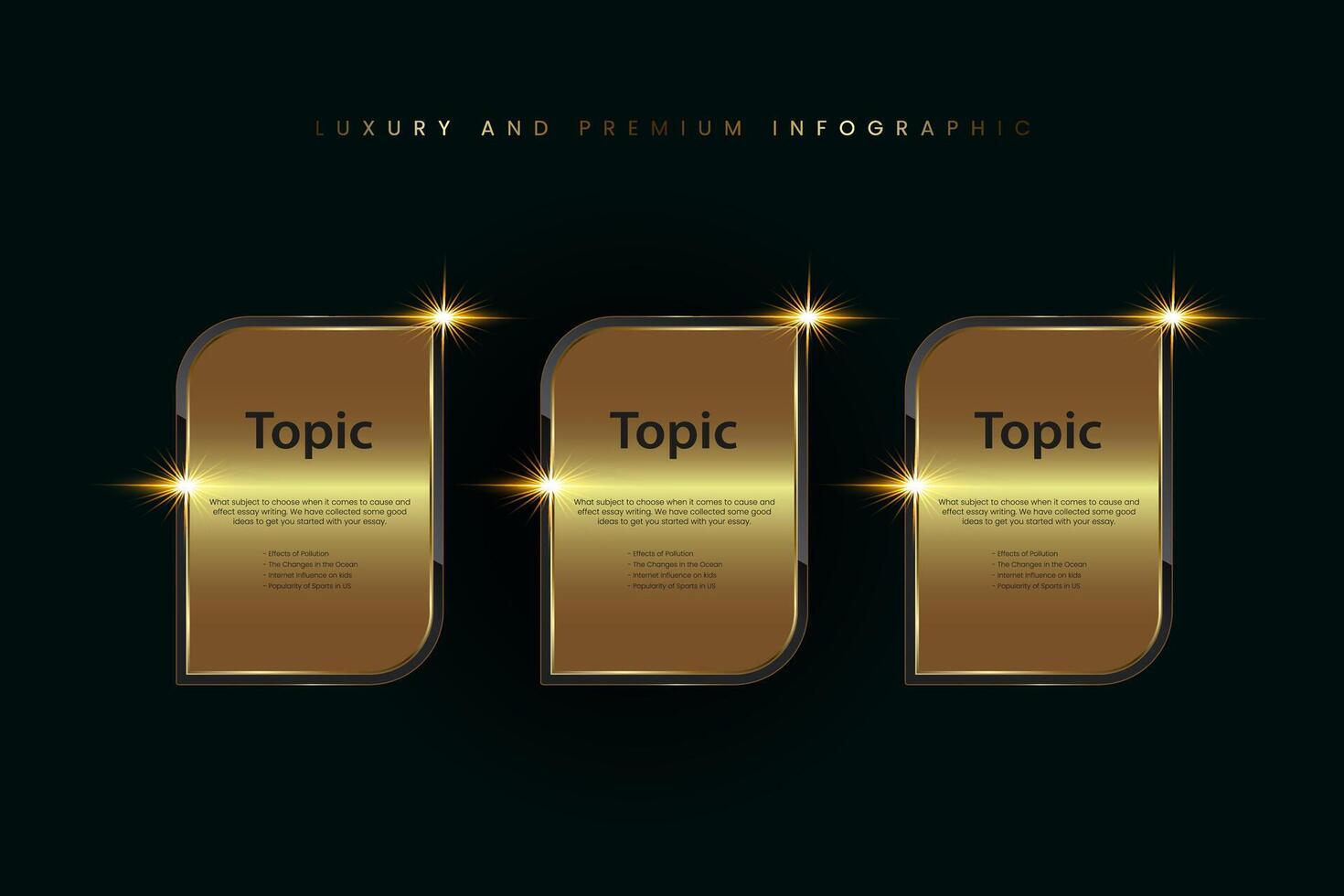 Collection of three Luxury Infographic buttons for charts, infographic, 3 premuim option elements design with golden shape. used in bannsers, web concept template vector