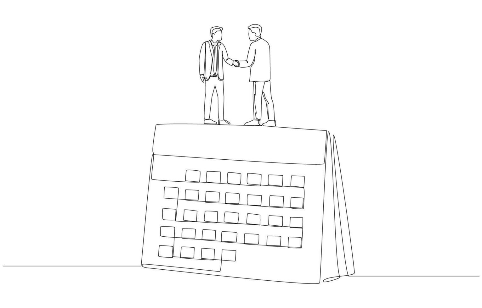 Continuous one line drawing of two businessmen standing on calendar and shaking hands, agreement on project duration, schedule business plan with partner concept, single line art. vector