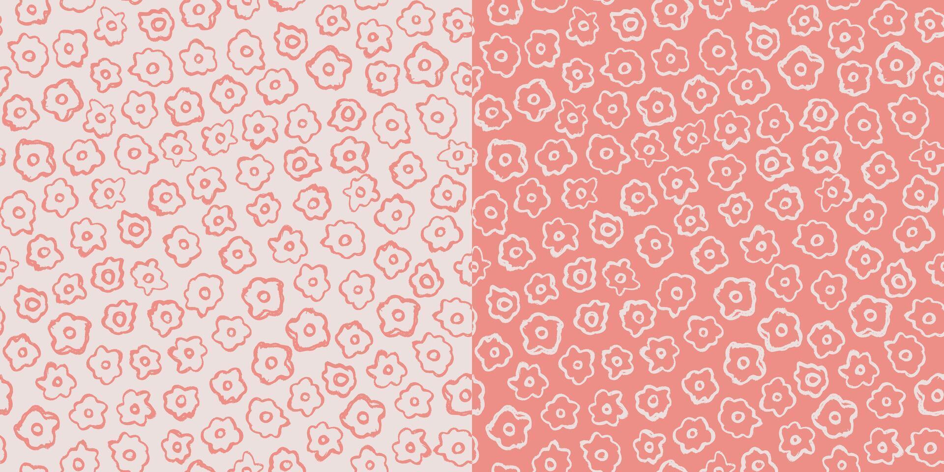 Tiny simple flowers seamless pattern. Delicate pink floral background set. Blooming flower heads print for textile, digital paper, packaging, wallpaper and design, graphics vector