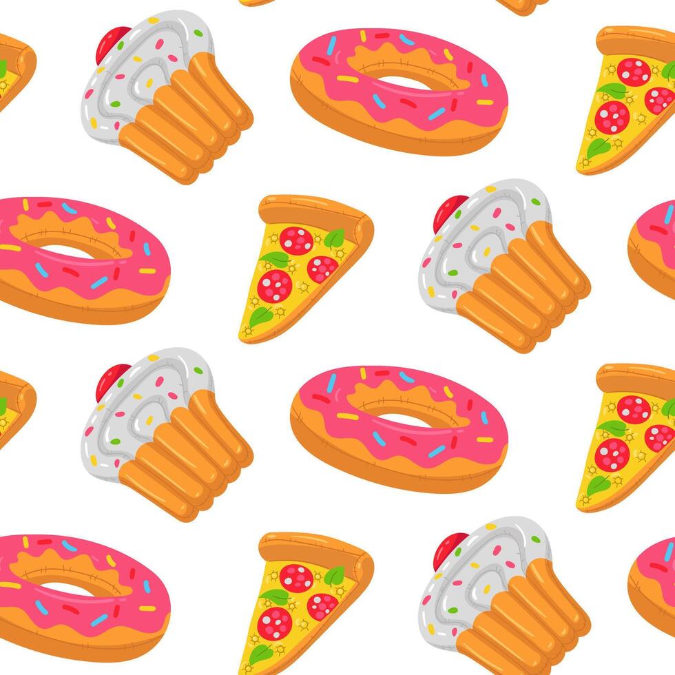 Swimming circle pattern in the shape of a donut and icing, a cupcake and a slice of pizza, inflatable food. This colorful inflatable float pillow is perfect for a summer themed pool party. Seamless vector