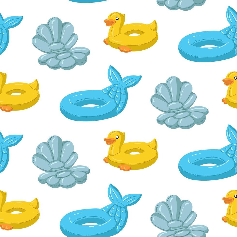 A pattern of swimming circles in the form of a mermaid's tail, ducks, shells, floating inflatable inhabitants. Colorful inflatable pillow floats are perfect for a summer themed pool party. Seamless vector
