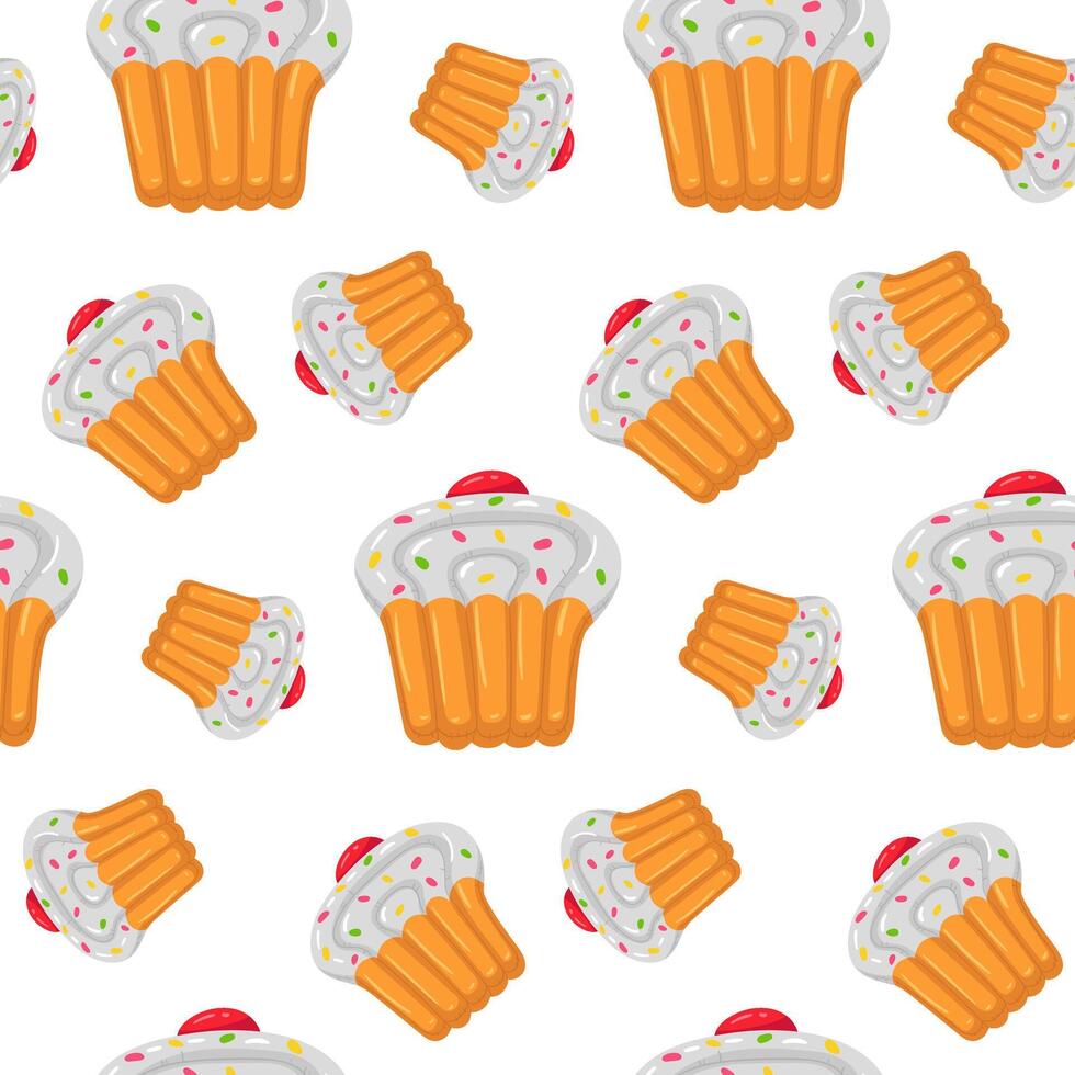 A pattern with swimming circles in the shape of a cupcake, a large inflatable pastry with cream. This colorful inflatable float pillow is perfect for a summer themed pool party. Seamless texture vector