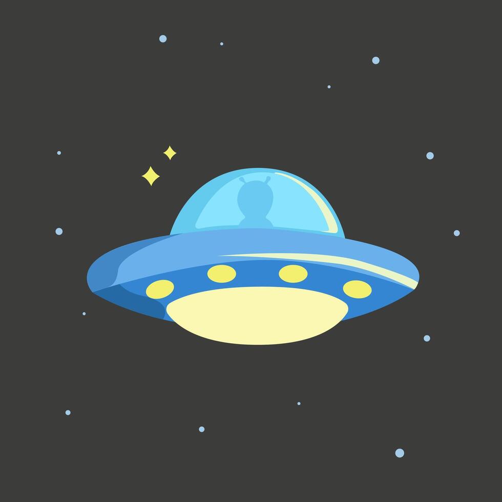 flat UFO. Flying saucer that glows.Unidentified flying object in space. Scientific illustration. Hand lettering Space and Aliens vector