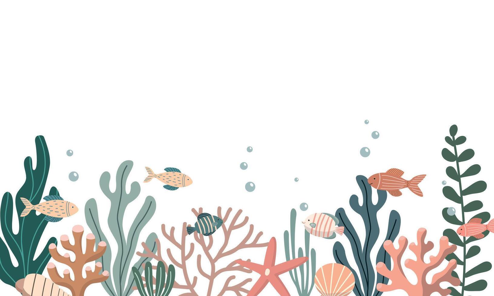 Fishes, seaweed and corals horizontal seamless border. Hand drawn underwater life. Great for fabric, textile, apparel, digital paper. Isolated on white background vector