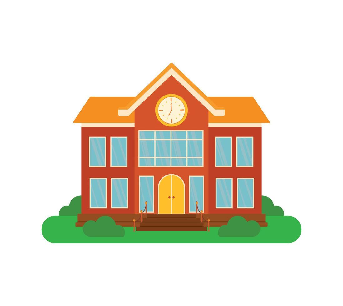 Red School Building with Grass Cartoon Illustration for Back To School Banner Element Decoration vector