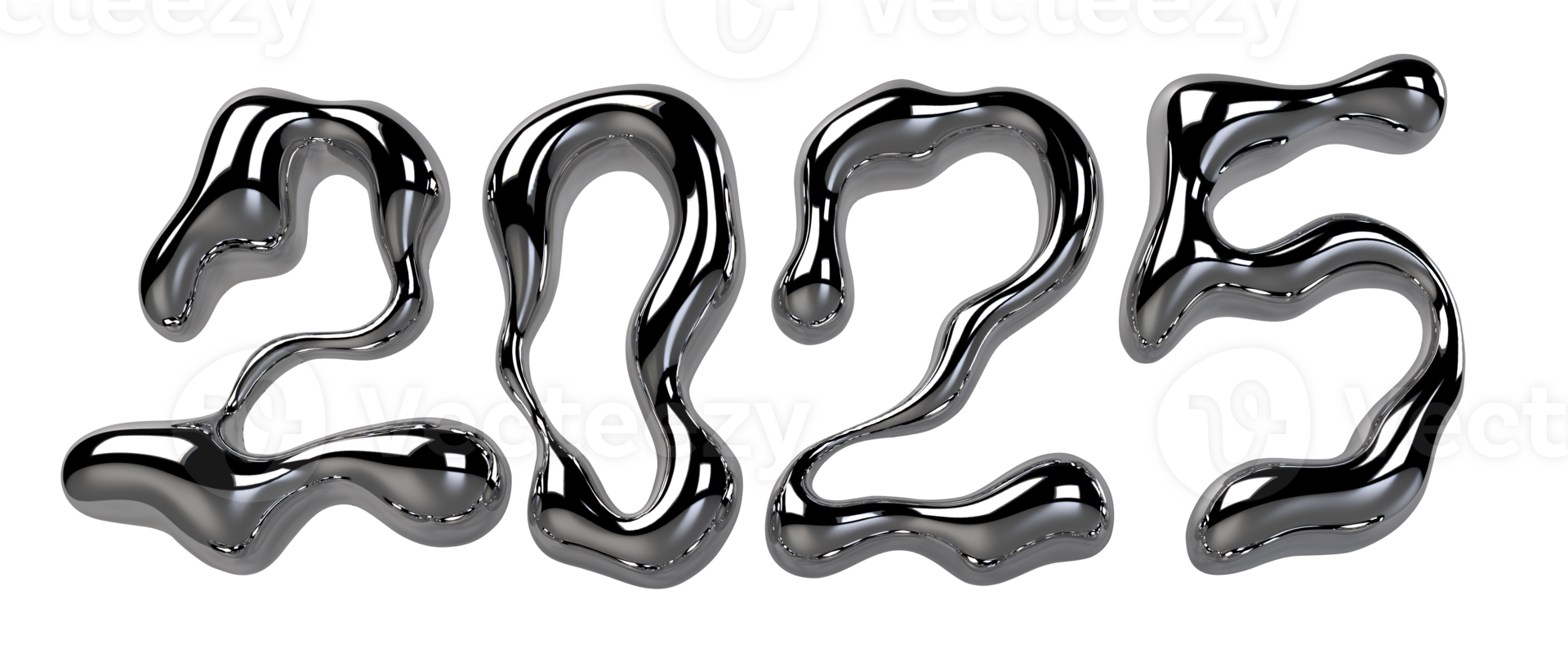 Happy New Year 2025 text design. 3d chrome liquid font. Letters with molten metal effect. Silver bubble typeface. Volumetric inscription 2025 isolated on transparent background. Y2K style lettering png