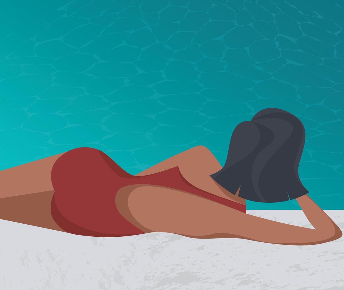Woman sunbathing and lying and posing in the pool in a hat, in a red swimsuit, relaxing on vacation in a villa swim tan, flat illustration no face vector