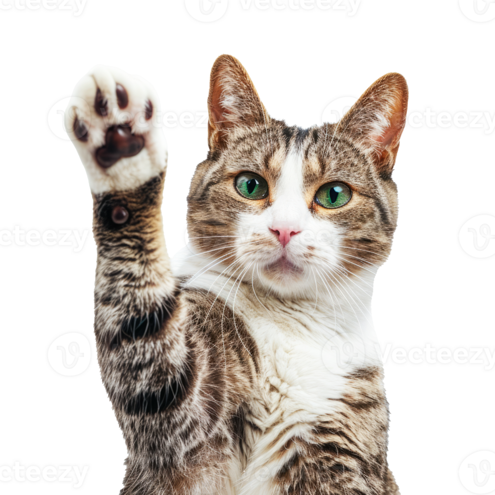 Cute tabby cat with green eyes raising its paw showing high five