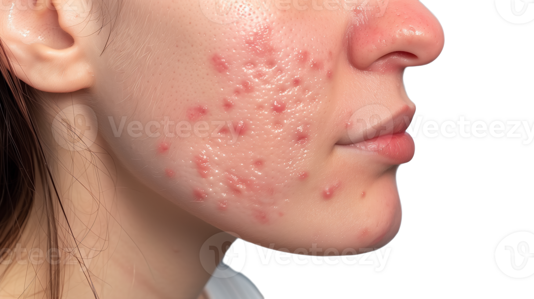 Close-Up of Woman's Face with Multiple Acne Spots on Isolated Background png