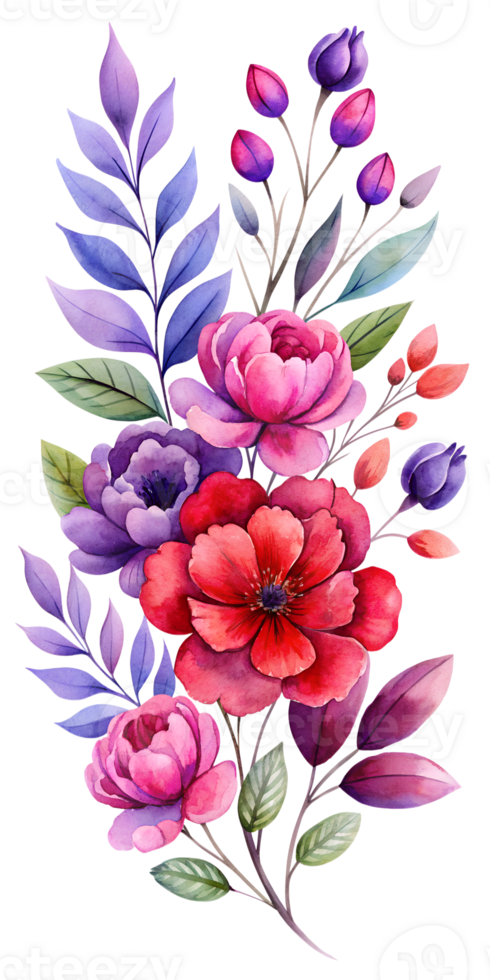Watercolor style image about a colorful floral arrangement isolated on transparent background png