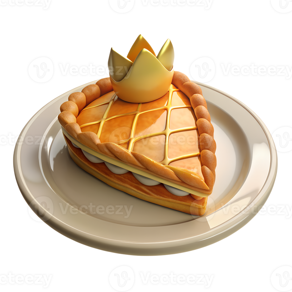 3d render of a slice of the king cake with a flaky crust and almond filling, set on a white plate with a crown png