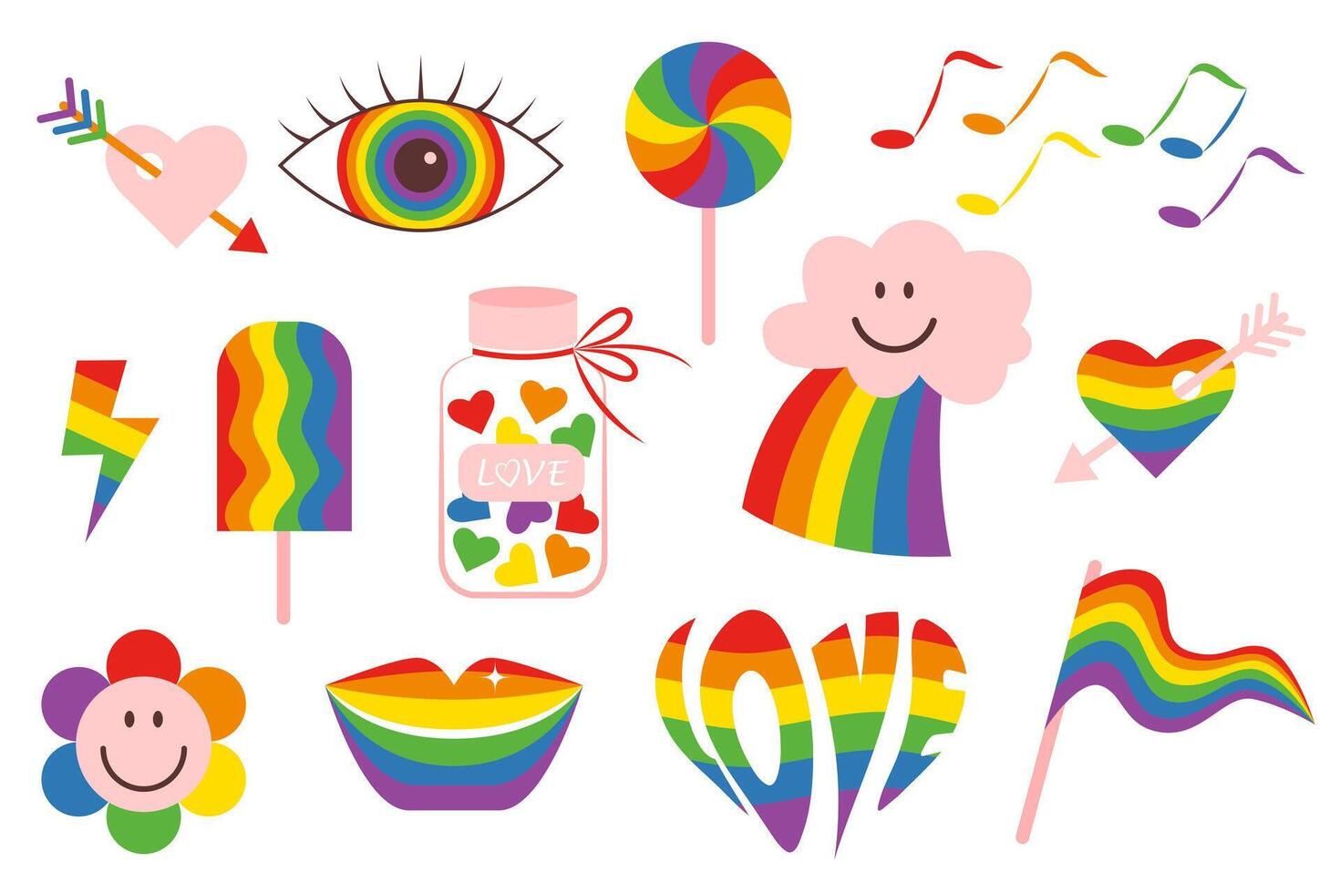 Set of elements on white background. LGBTQ set in rainbow color. Conceptual symbols of sexual orientation in flat style. vector