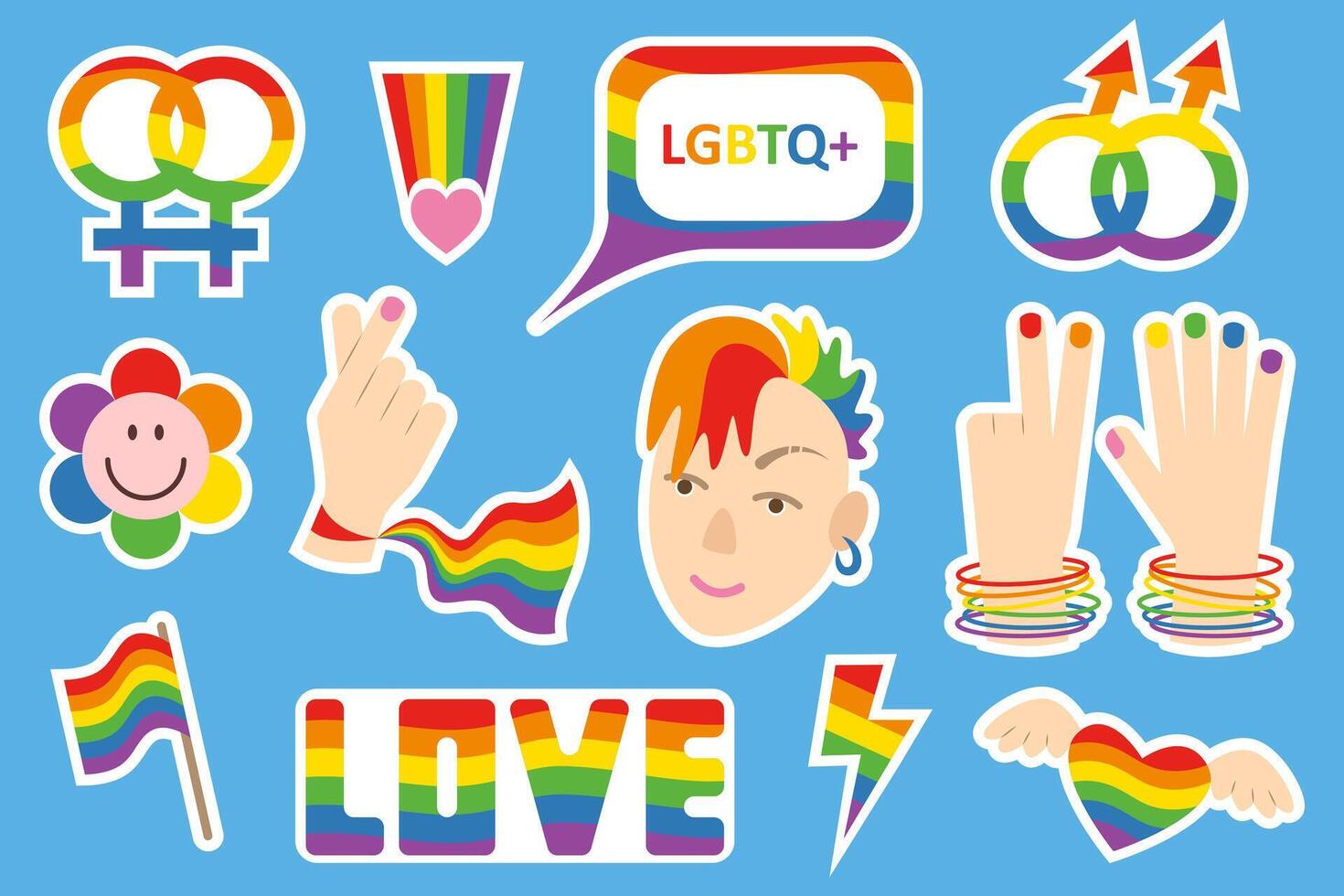 Set of LGBT stickers on blue background with rainbow symbols, gender marks. Symbols of LGBTQ community. Flat retro style illustration. Conceptual symbols of sexual orientation. vector
