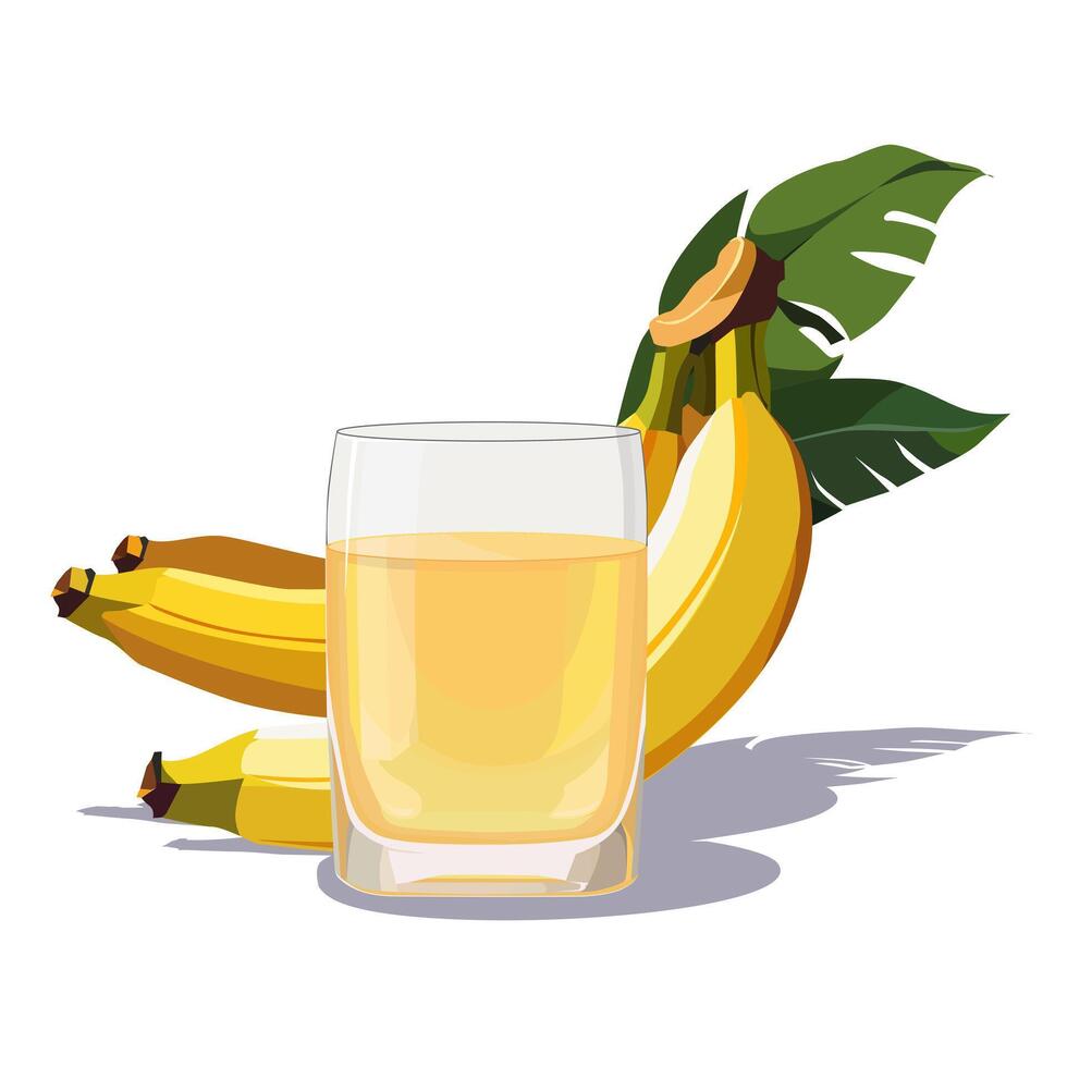 Full glass of yellow freshly and healthy squeezed banana juice isolated on white background. illustration in flat style with tropical drink. Summer clipart for card, banner, flyer, poster design vector