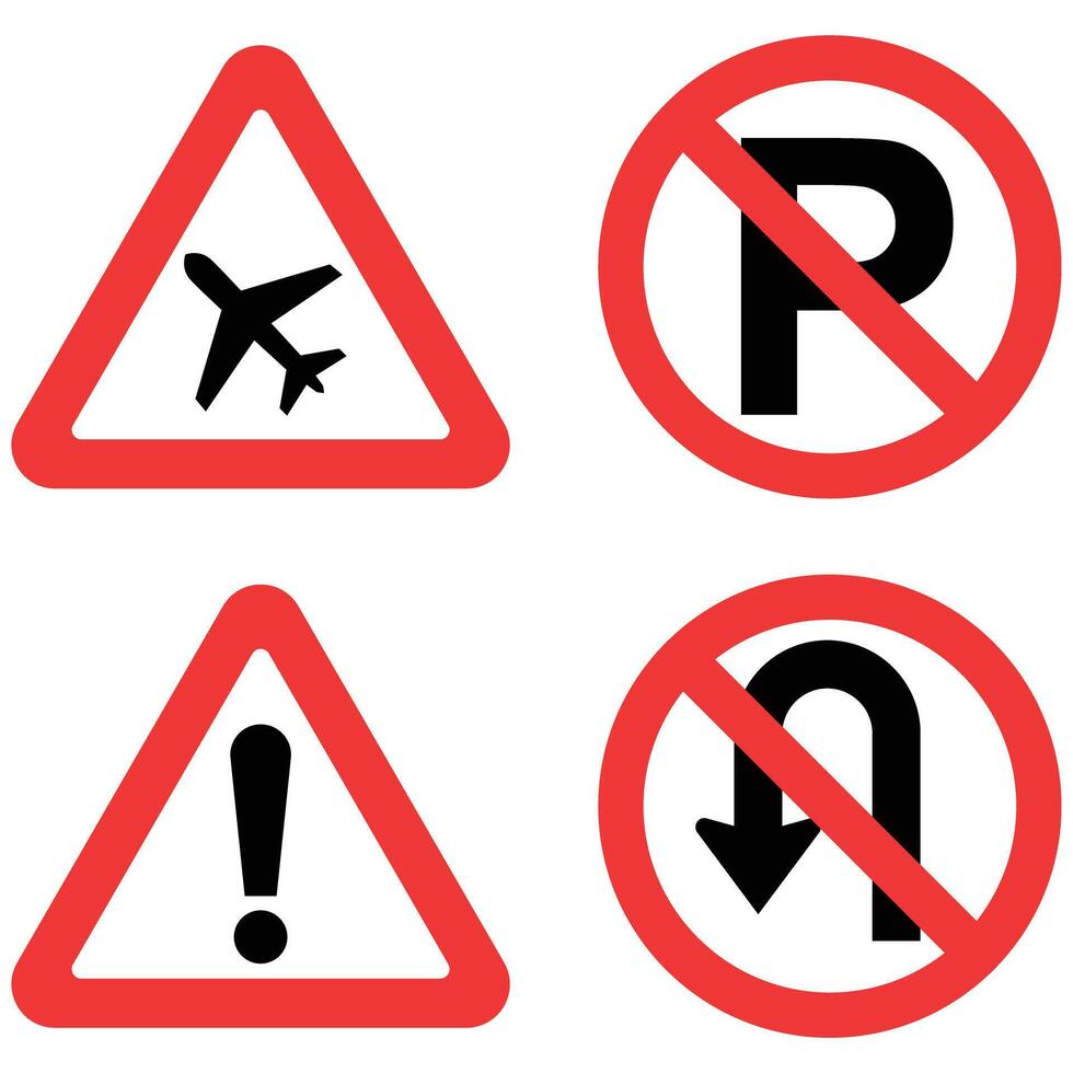 Road sign air plane, no parking, warning and No U-Turn traffic sign. vector