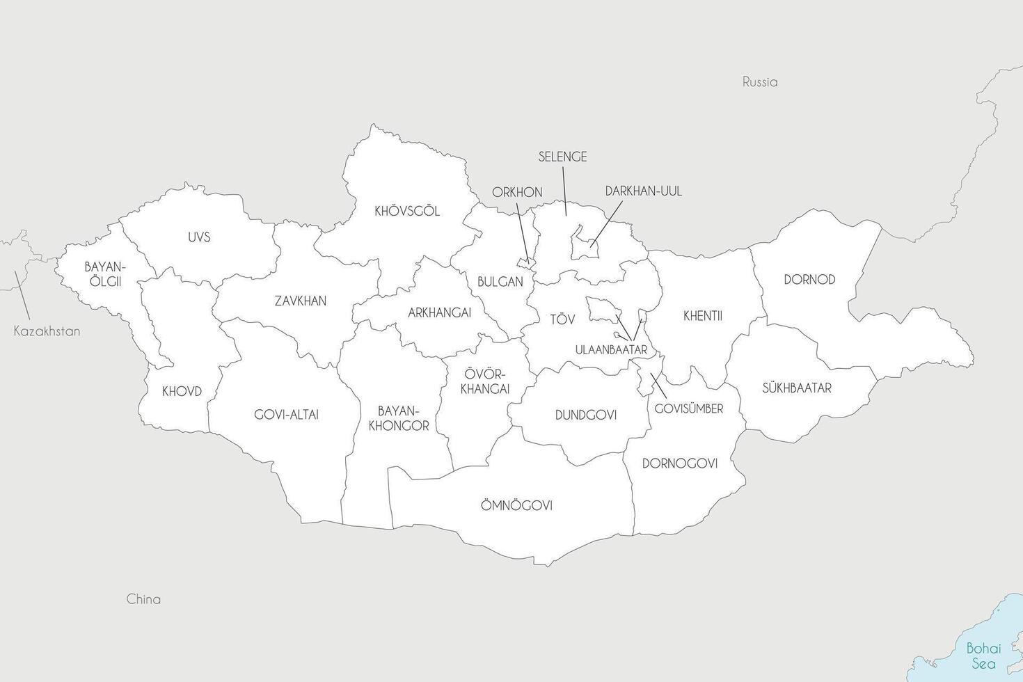 regional map of Mongolia with provinces and administrative divisions, and neighbouring countries and territories. Editable and clearly labeled layers. vector