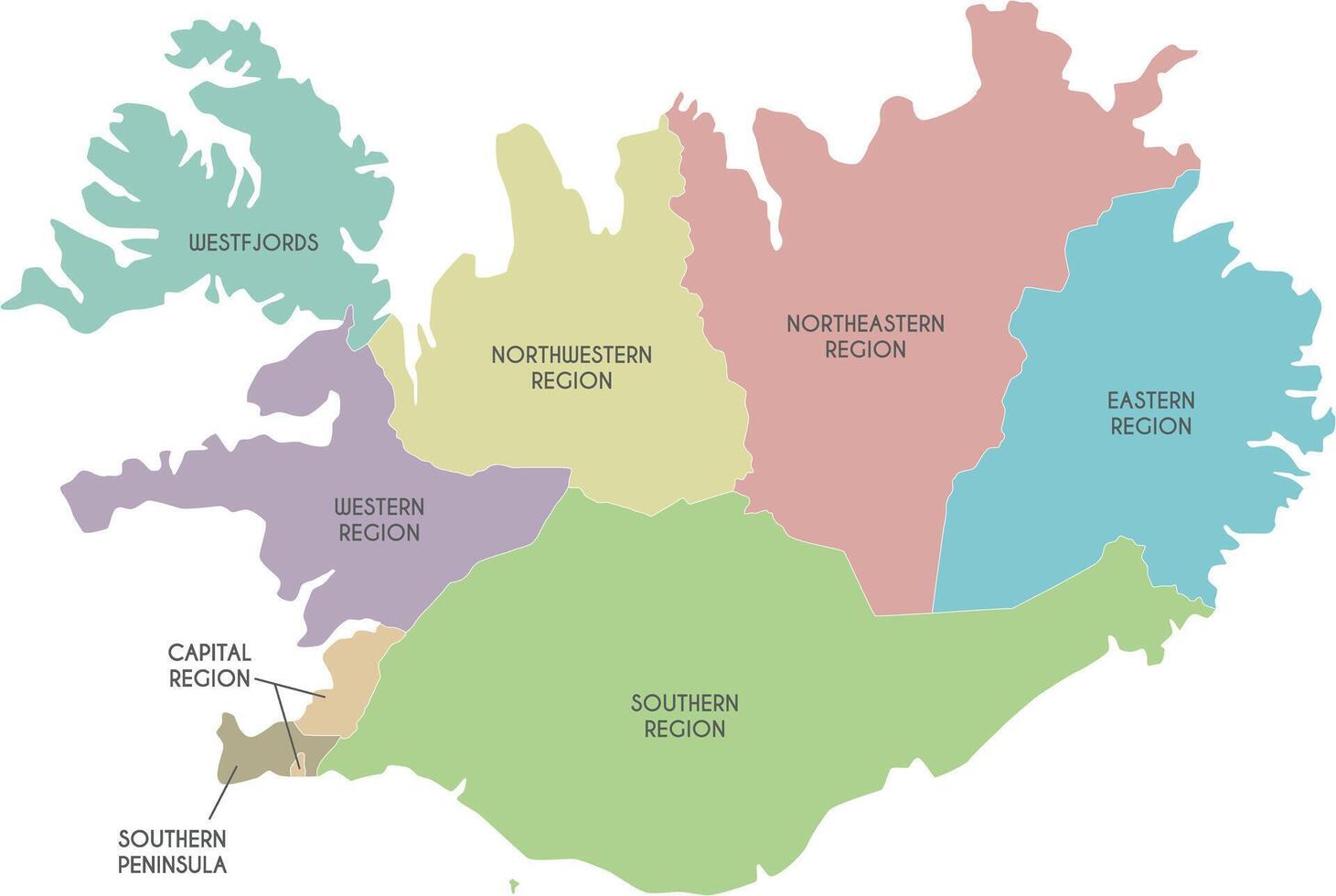 map of Iceland with regions and administrative divisions. Editable and clearly labeled layers. vector