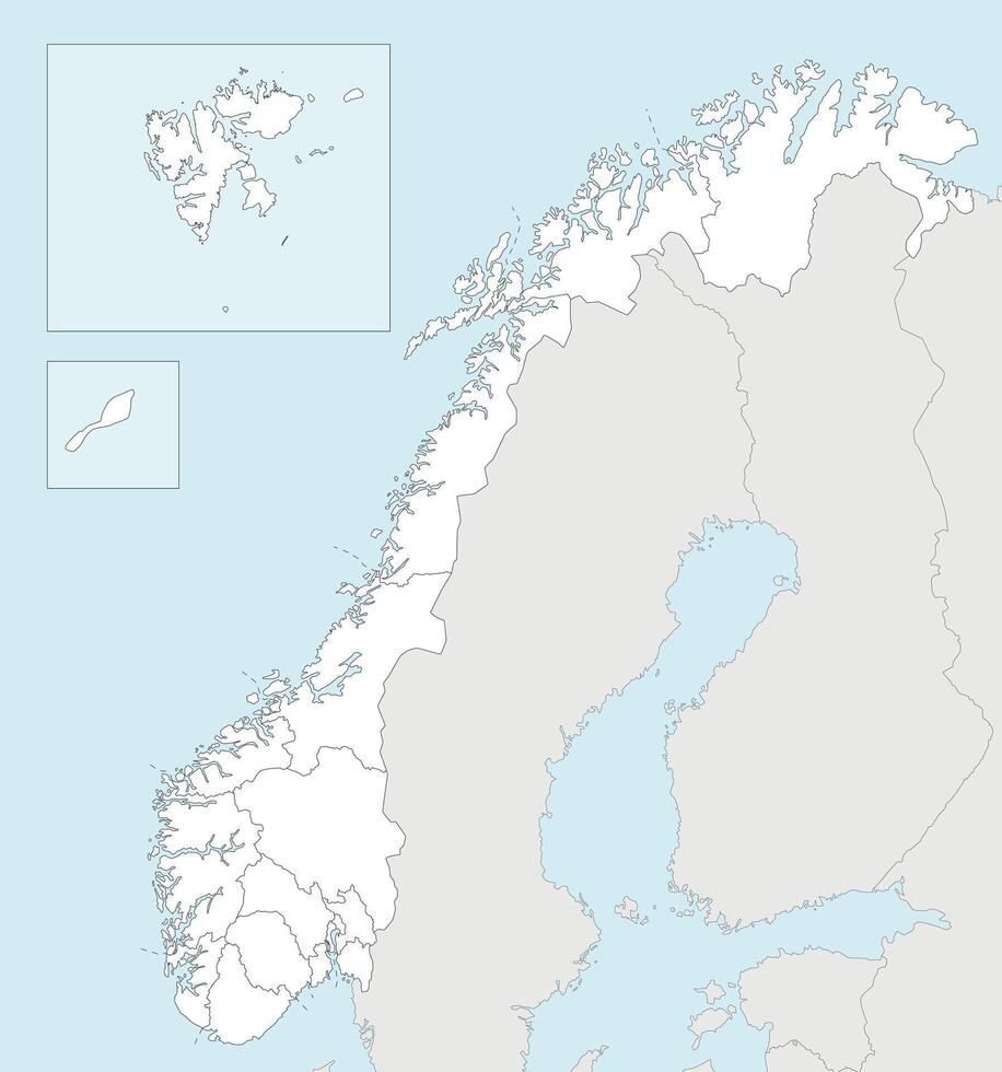 regional blank map of Norway with counties and territories, and neighbouring countries. Editable and clearly labeled layers. vector