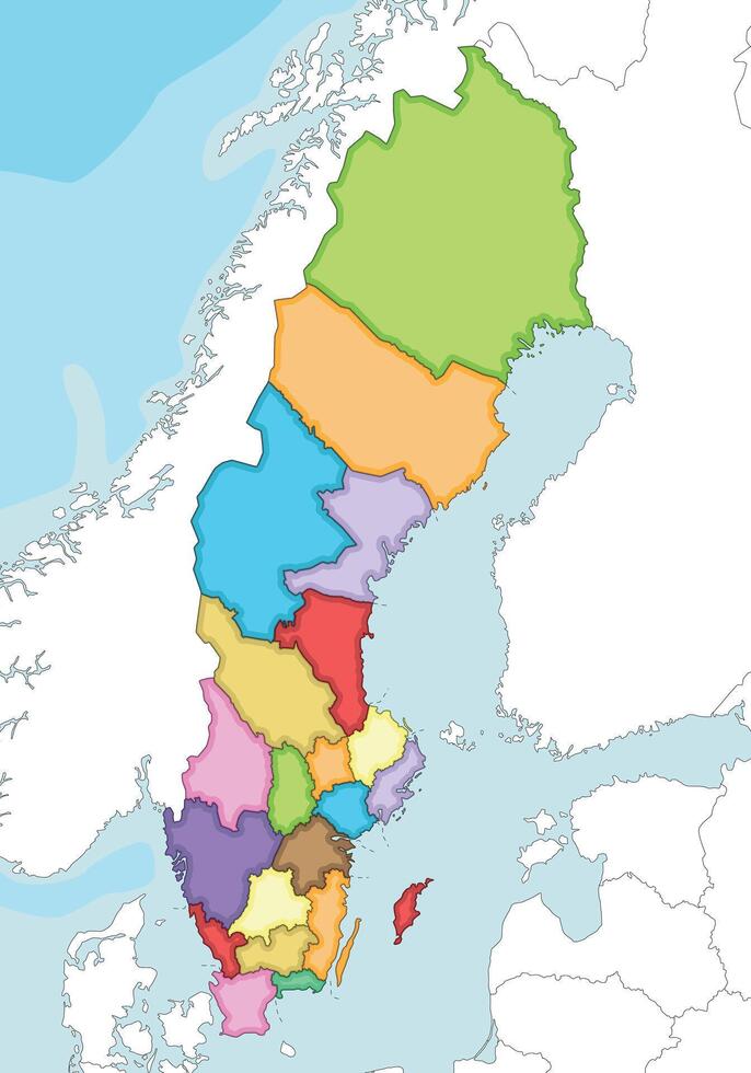 illustrated regional blank map of Sweden with counties and administrative divisions, and neighbouring countries. Editable and clearly labeled layers. vector